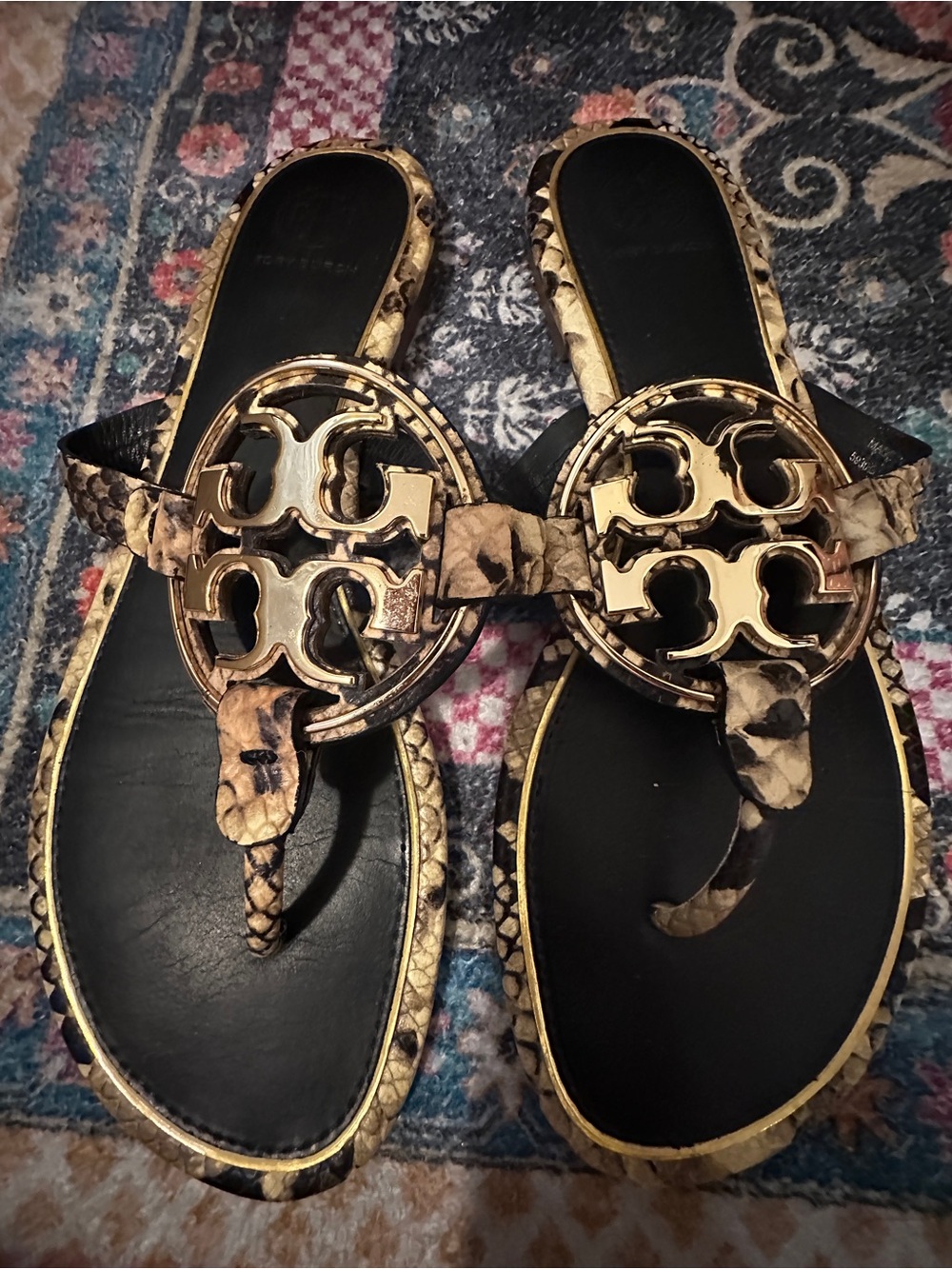 Tory Burch Black & Beige Miller Logo Thong Sandals 8.5